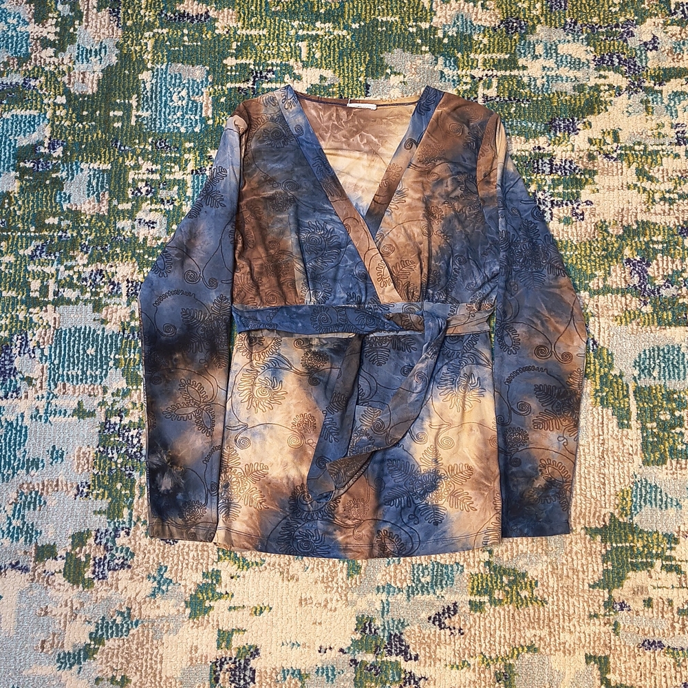 Blue and Brown Long Sleeve Wrap Top